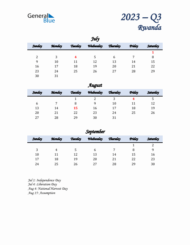 July, August, and September Calendar for Rwanda with Sunday Start