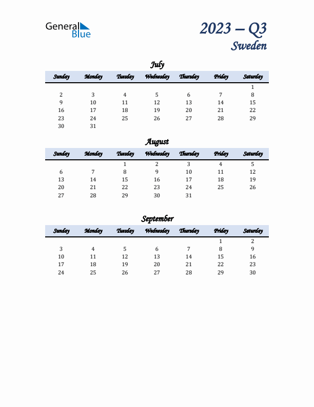 July, August, and September Calendar for Sweden with Sunday Start