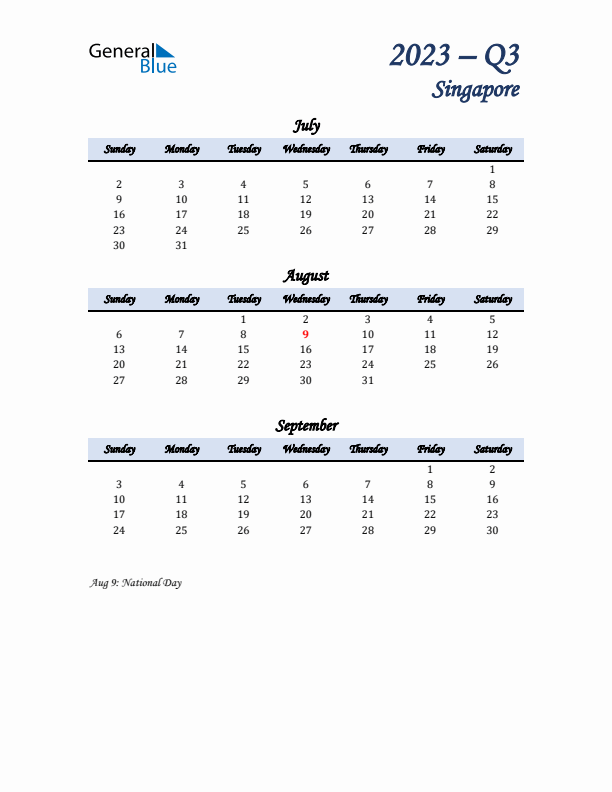 July, August, and September Calendar for Singapore with Sunday Start