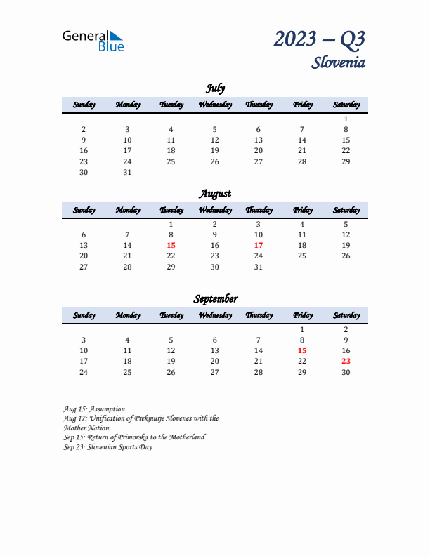 July, August, and September Calendar for Slovenia with Sunday Start