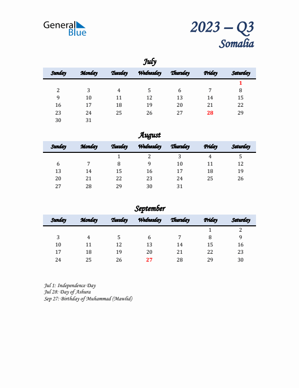 July, August, and September Calendar for Somalia with Sunday Start