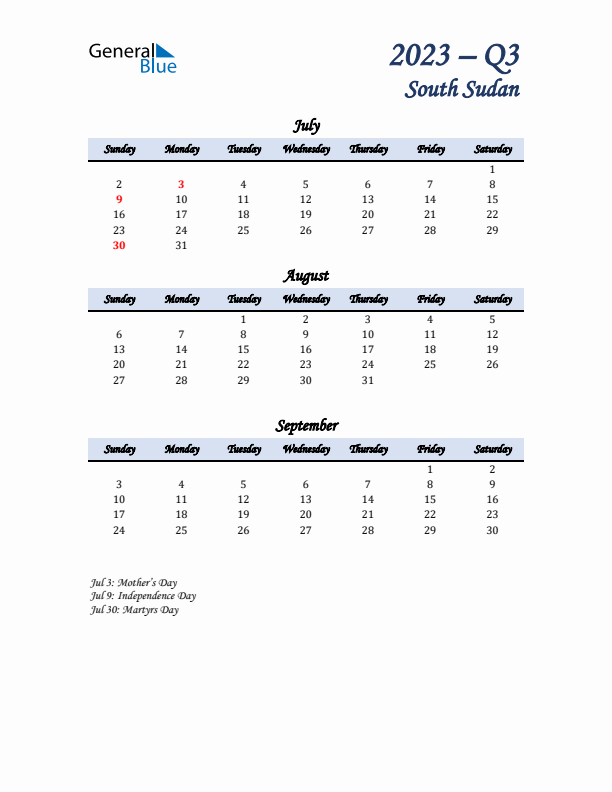 July, August, and September Calendar for South Sudan with Sunday Start