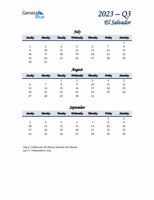 July, August, and September Calendar for El Salvador with Sunday Start