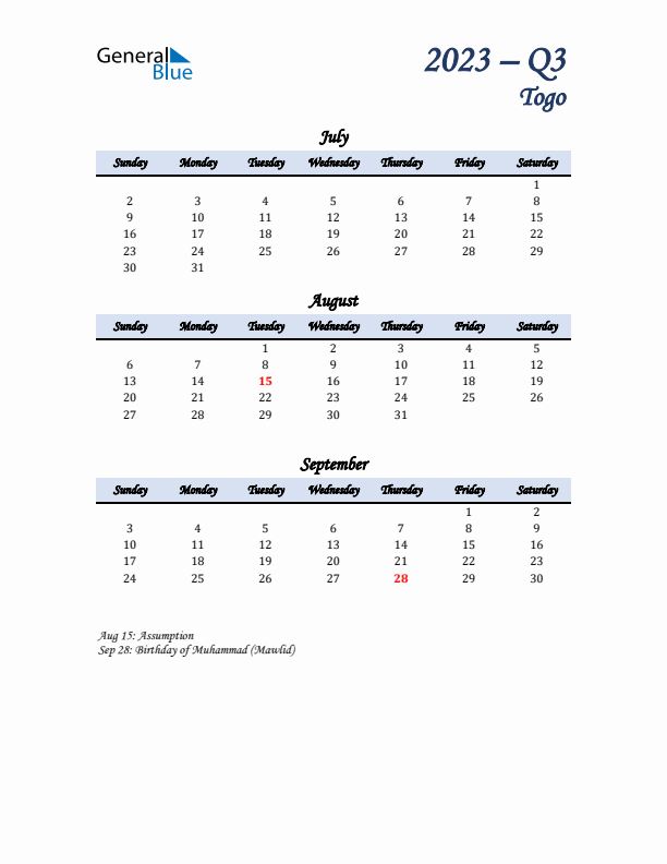 July, August, and September Calendar for Togo with Sunday Start