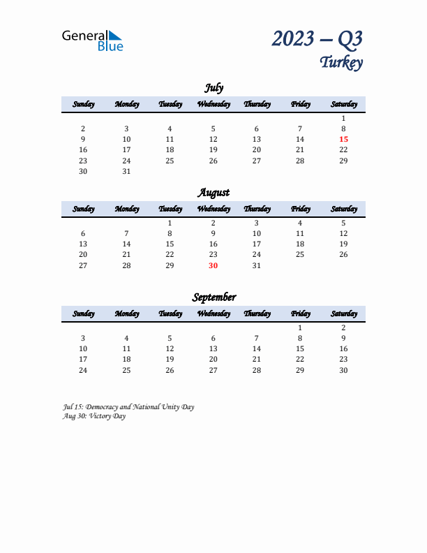 July, August, and September Calendar for Turkey with Sunday Start