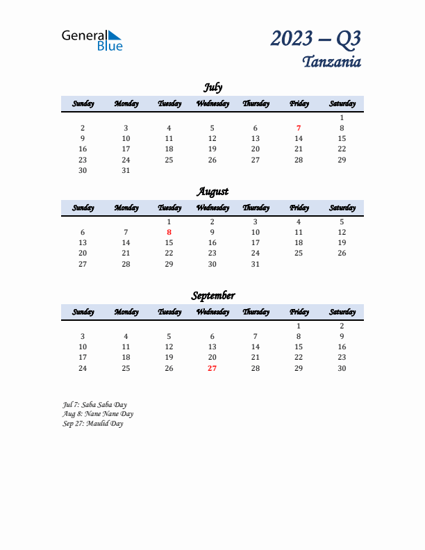 July, August, and September Calendar for Tanzania with Sunday Start