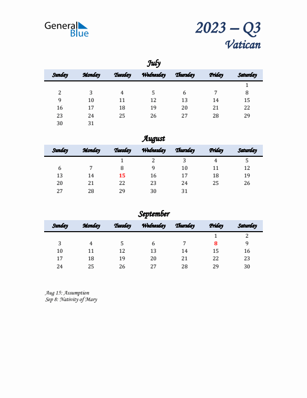 July, August, and September Calendar for Vatican with Sunday Start