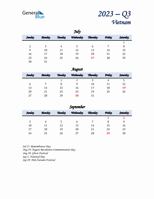 July, August, and September Calendar for Vietnam with Sunday Start