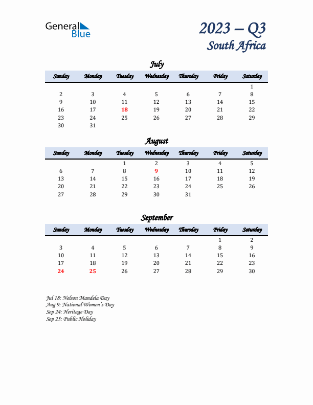 July, August, and September Calendar for South Africa with Sunday Start