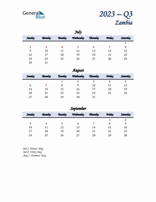 July, August, and September Calendar for Zambia with Sunday Start