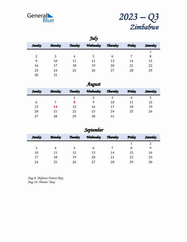 July, August, and September Calendar for Zimbabwe with Sunday Start