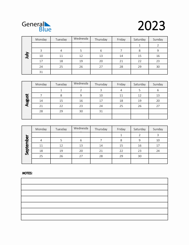 Q3 2023 Calendar with Notes