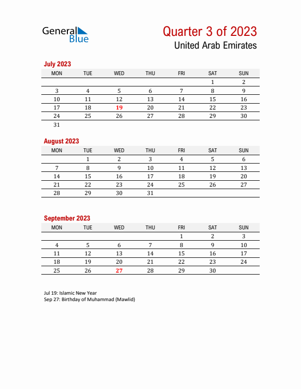 Printable Three Month Calendar with United Arab Emirates Holidays