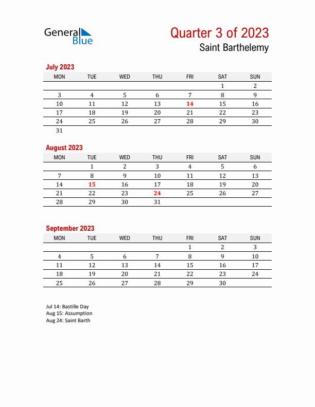 Printable Three Month Calendar with Saint Barthelemy Holidays