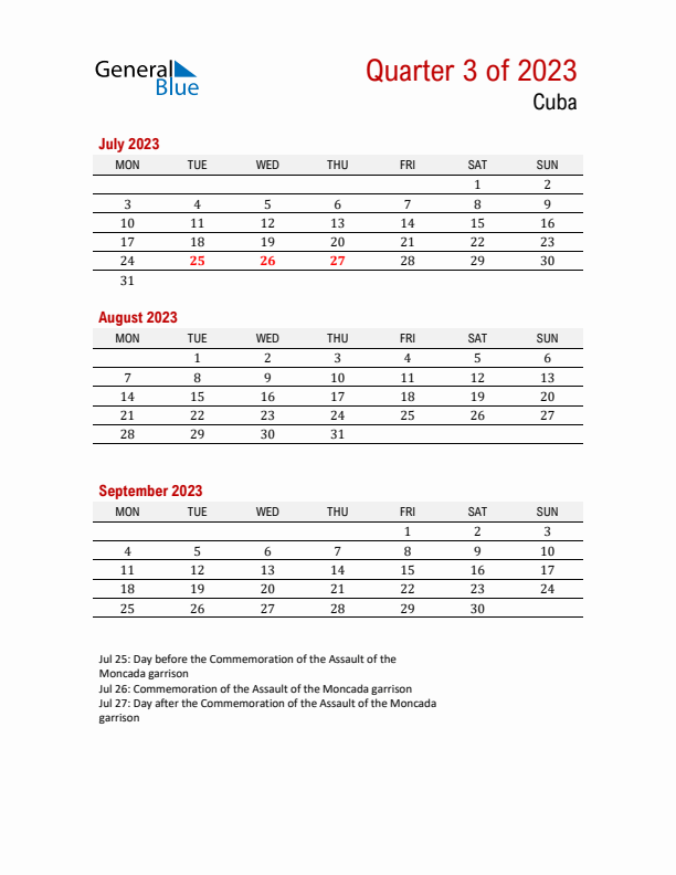 Printable Three Month Calendar with Cuba Holidays