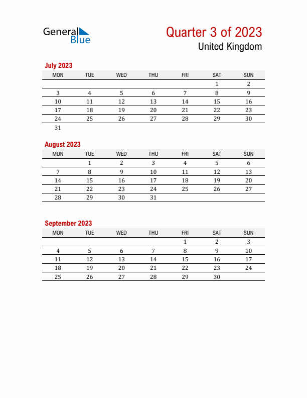 Printable Three Month Calendar with United Kingdom Holidays