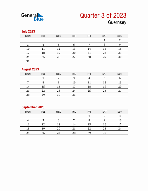 Printable Three Month Calendar with Guernsey Holidays