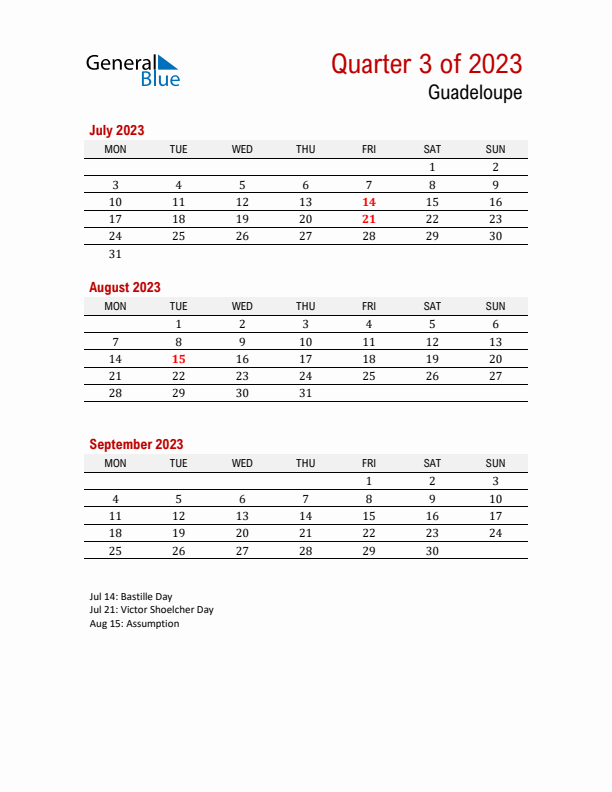 Printable Three Month Calendar with Guadeloupe Holidays