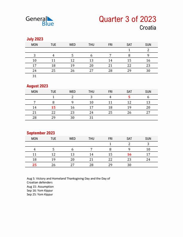 Printable Three Month Calendar with Croatia Holidays