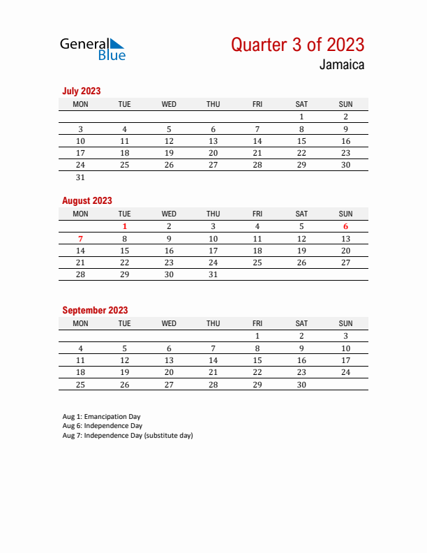 Printable Three Month Calendar with Jamaica Holidays