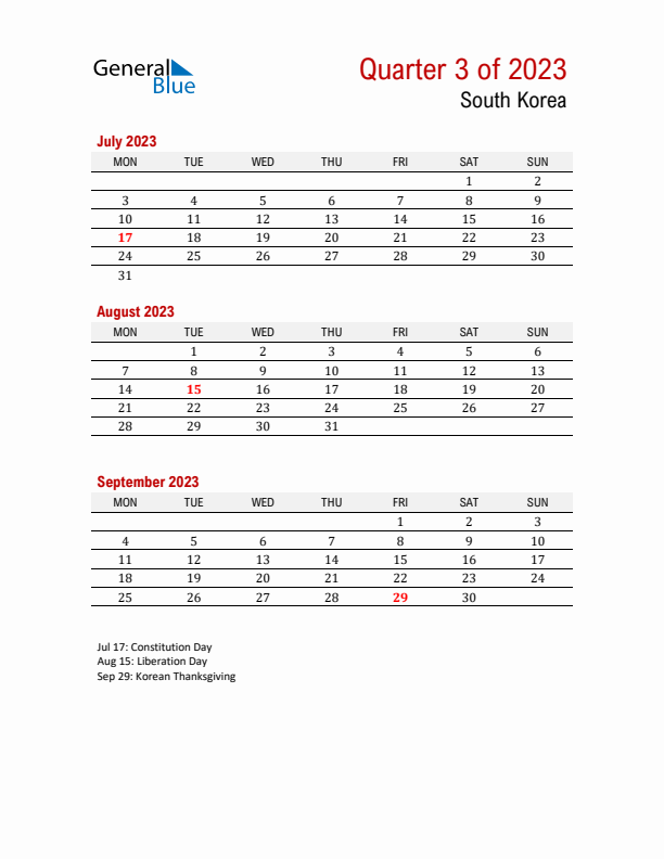 Printable Three Month Calendar with South Korea Holidays