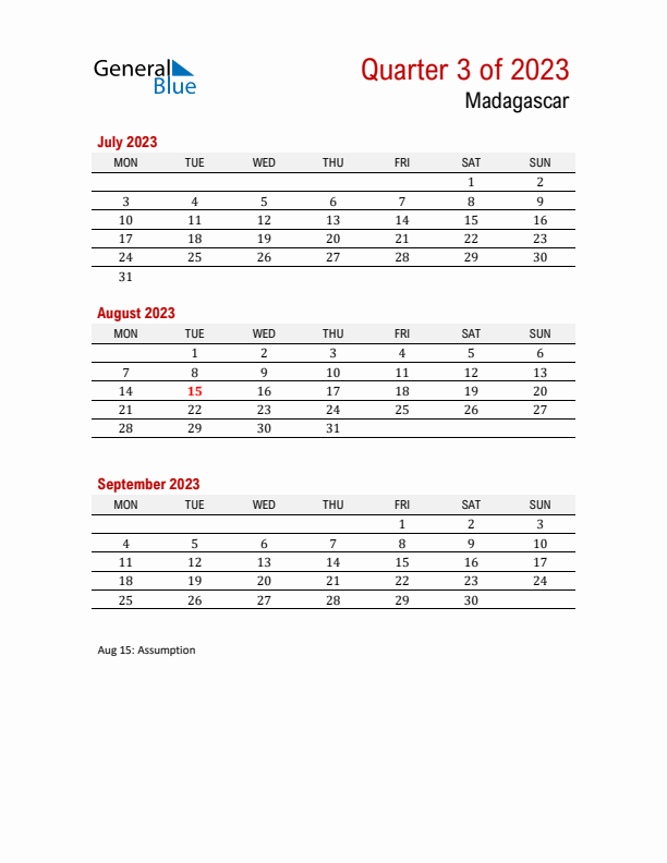 Printable Three Month Calendar with Madagascar Holidays