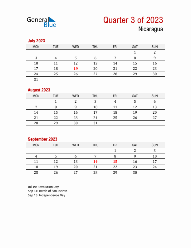 Printable Three Month Calendar with Nicaragua Holidays