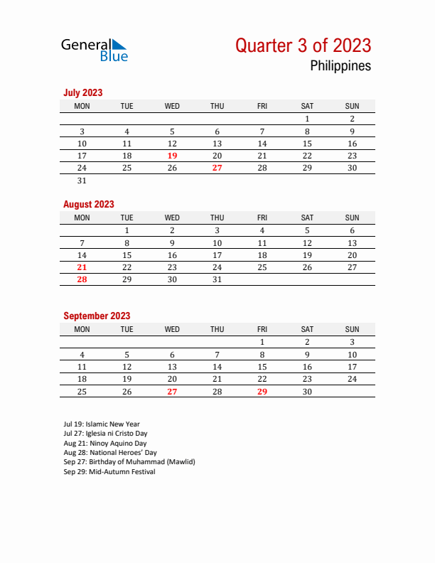 Printable Three Month Calendar with Philippines Holidays