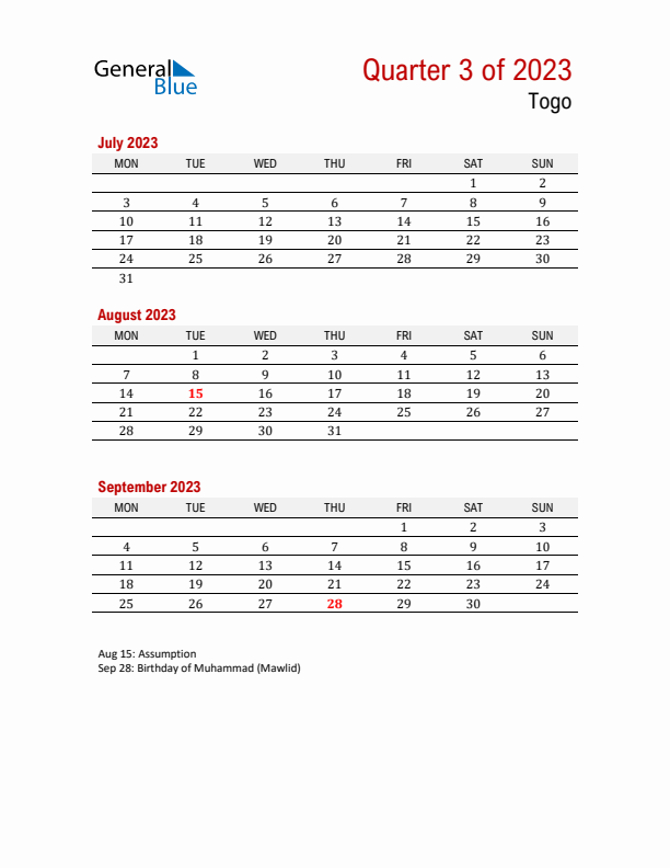 Printable Three Month Calendar with Togo Holidays