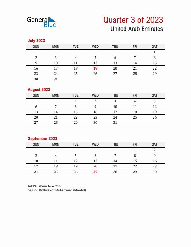 Printable Three Month Calendar with United Arab Emirates Holidays