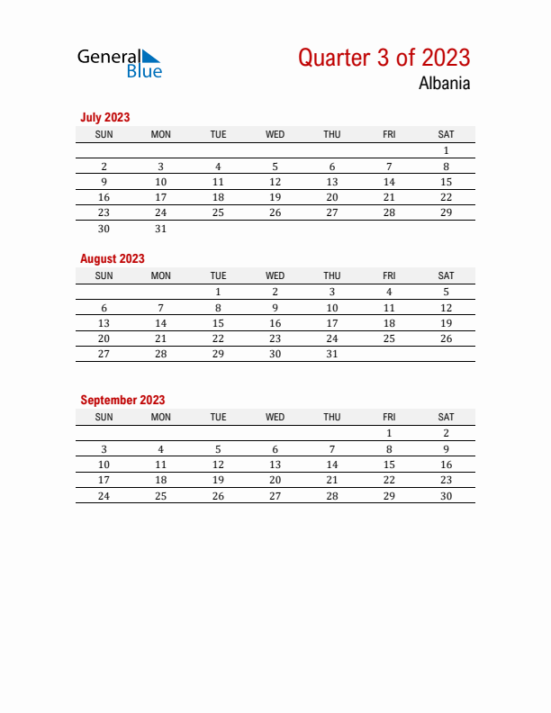 Printable Three Month Calendar with Albania Holidays