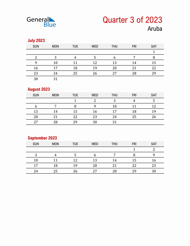 Printable Three Month Calendar with Aruba Holidays