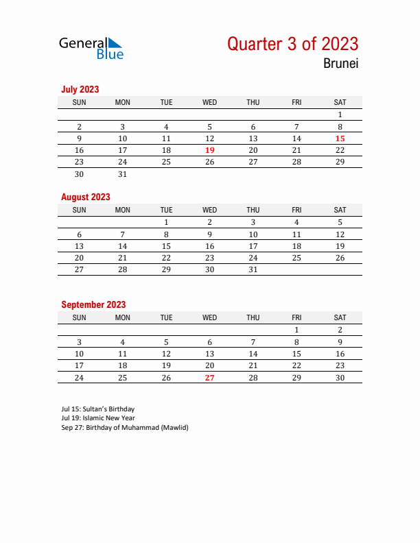 Printable Three Month Calendar with Brunei Holidays