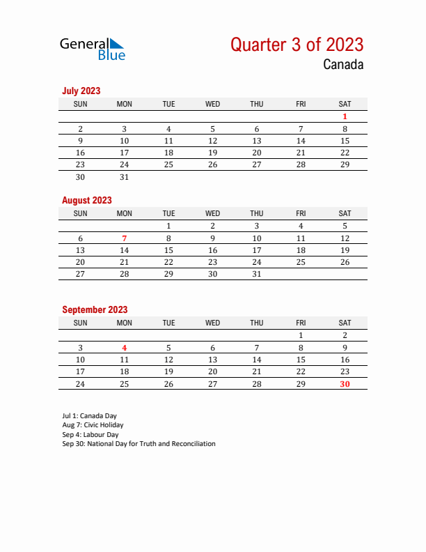 Printable Three Month Calendar with Canada Holidays