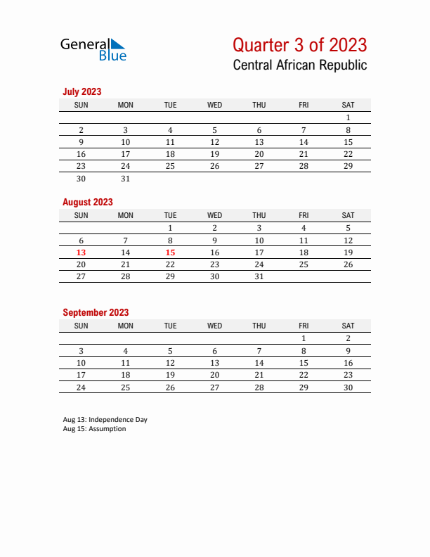 Printable Three Month Calendar with Central African Republic Holidays