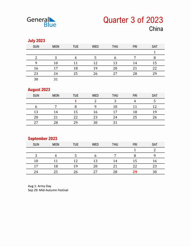 Printable Three Month Calendar with China Holidays