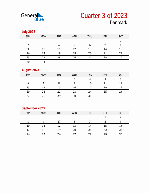 Printable Three Month Calendar with Denmark Holidays