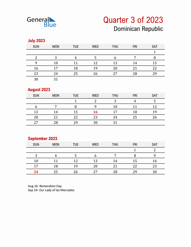 Printable Three Month Calendar with Dominican Republic Holidays