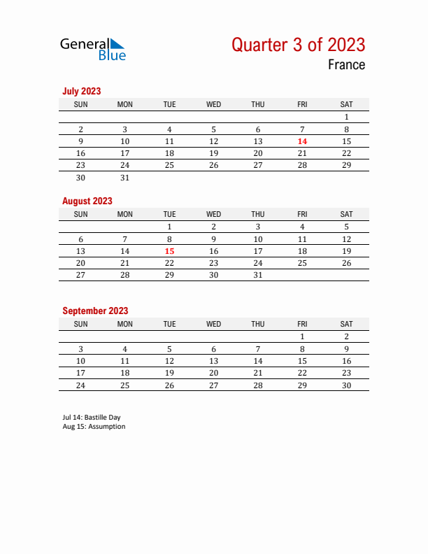 Printable Three Month Calendar with France Holidays