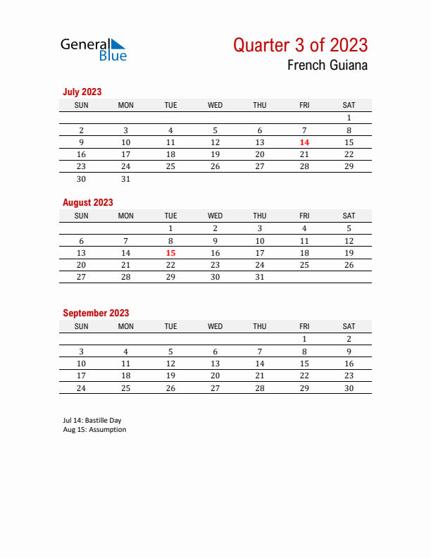 Printable Three Month Calendar with French Guiana Holidays