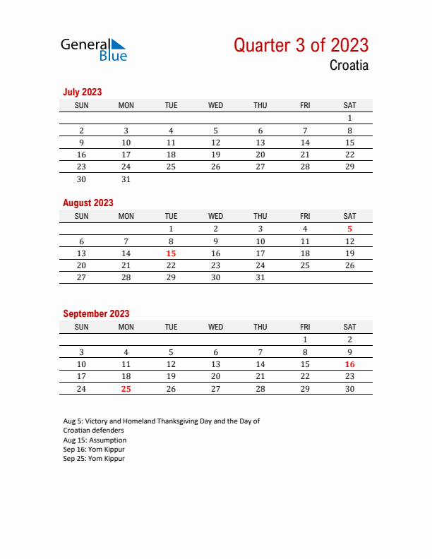 Printable Three Month Calendar with Croatia Holidays