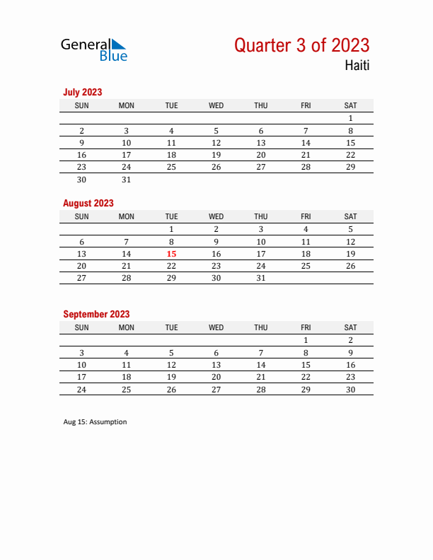 Printable Three Month Calendar with Haiti Holidays