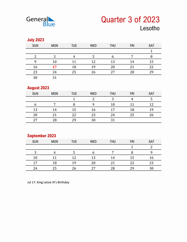 Printable Three Month Calendar with Lesotho Holidays