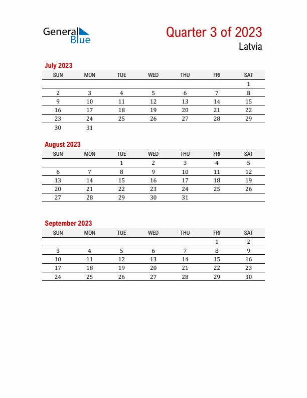 Printable Three Month Calendar with Latvia Holidays