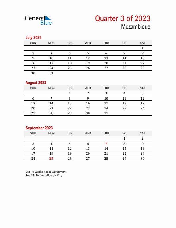 Printable Three Month Calendar with Mozambique Holidays