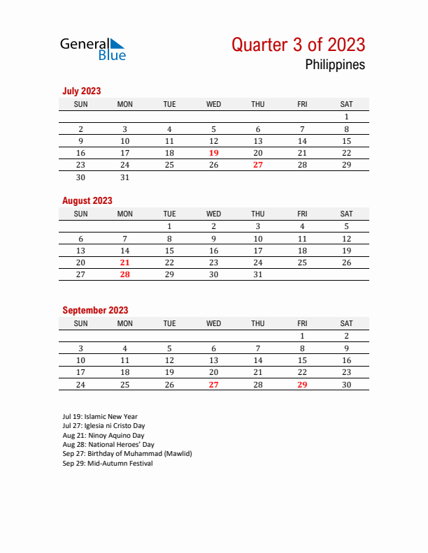 Printable Three Month Calendar with Philippines Holidays