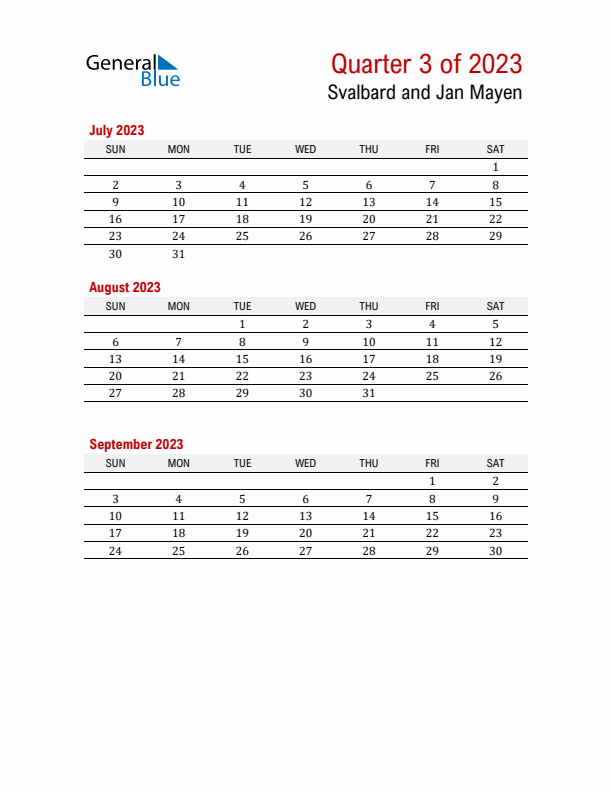 Printable Three Month Calendar with Svalbard and Jan Mayen Holidays