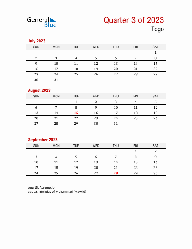 Printable Three Month Calendar with Togo Holidays