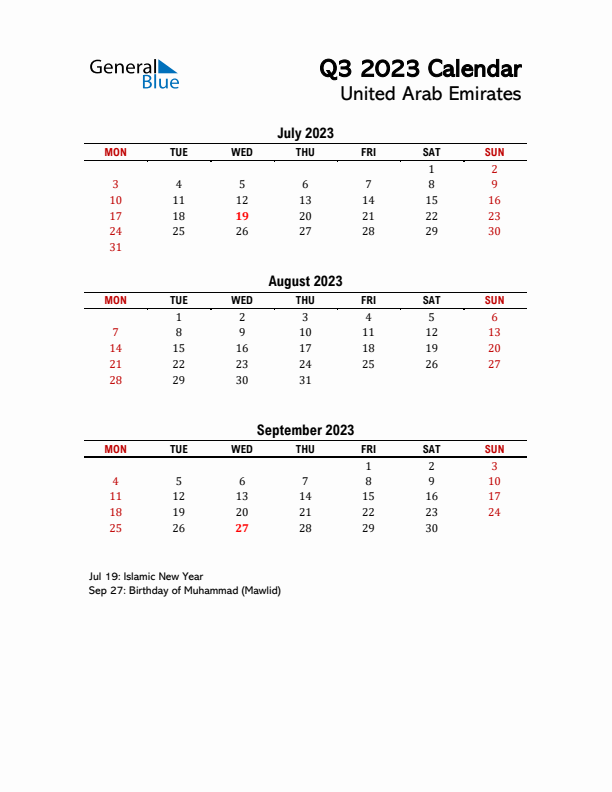 2023 Q3 Calendar with Holidays List for United Arab Emirates