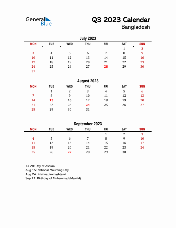 2023 Q3 Calendar with Holidays List for Bangladesh